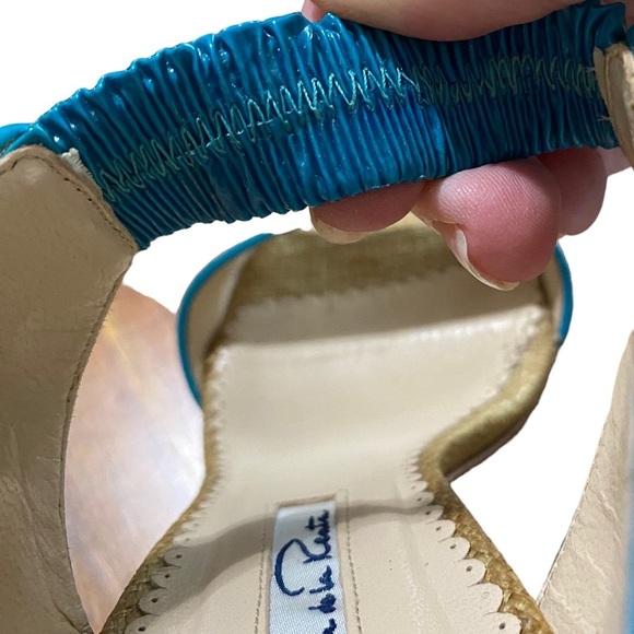 OSCAR DE LA RENTA - OPEN TOE BEIGE RAFFIA & TURQUOISE PATENT LEATHER - SZ 37 S8 - Picture 5 of 14